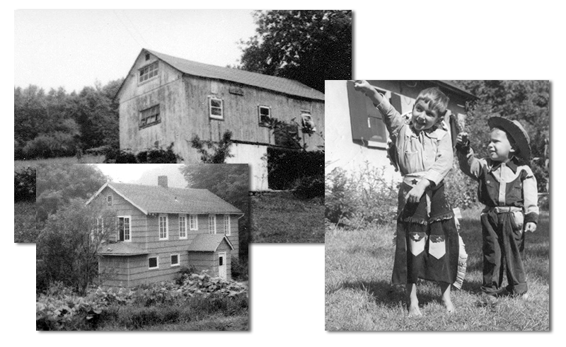 old house, barn, little boys in cowboy costumes